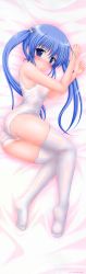 Rule 34 | 1girl, absurdres, ass, bed sheet, blue eyes, blue hair, blush, cameltoe, character request, cleft of venus, copyright request, dakimakura (medium), highres, kisaragi mic, looking back, lying, matching hair/eyes, nipples, no shoes, on side, one-piece swimsuit, pillow, scan, school swimsuit, see-through, shiny skin, skindentation, solo, swimsuit, thighhighs, wet, wet clothes, white one-piece swimsuit, white school swimsuit, white thighhighs