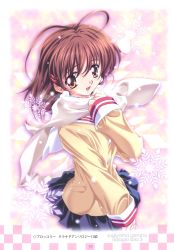 Rule 34 | 00s, 1girl, :d, adagio solo 3 innocence, adjusting clothes, antenna hair, artist name, blue skirt, blush, breasts, brown eyes, brown hair, buttons, cardigan, clannad, cowboy shot, from side, furukawa nagisa, g- factory, hair ornament, hairclip, highres, long sleeves, looking at viewer, open mouth, page number, pleated skirt, pocket, scan, scarf, school uniform, serafuku, short hair, skirt, sleeve cuffs, sleeves past wrists, small breasts, smile, snow, snowflakes, solo, sugiyama genshou, winter
