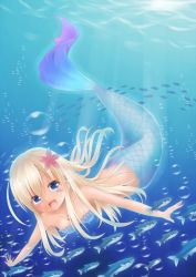 Rule 34 | 10s, 1girl, :d, air bubble, animal, azel (laevateinn495), bare shoulders, bikini, bikini top only, blonde hair, blue bikini, blue eyes, blush, breasts, bubble, cleavage, collarbone, dark-skinned female, dark skin, eyebrows, fins, fish, floating hair, flower, hair flower, hair ornament, hibiscus, jewelry, kantai collection, light rays, long hair, mermaid, monster girl, open mouth, outdoors, outstretched arms, pendant, ro-500 (kancolle), scales, shell, shell bikini, silhouette, small breasts, smile, solo, sunlight, swimsuit, fish tail, tan, tareme, underwater, very long hair, water