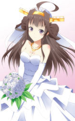 Rule 34 | 10s, 1girl, bare shoulders, blush, bouquet, breasts, bridal veil, bride, brown hair, double bun, dress, elbow gloves, flower, gloves, headgear, highres, kantai collection, kongou (kancolle), long hair, looking at viewer, ookami maito, smile, solo, veil, wedding dress