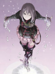 Rule 34 | 1girl, black footwear, black jacket, boots, commentary request, d.gray-man, double horizontal stripe, frilled skirt, frills, hagi, highres, jacket, knee boots, legs, lenalee lee, long sleeves, looking at viewer, one eye closed, pink skirt, pink thighhighs, purple background, purple eyes, purple hair, short hair, skirt, solo, standing, thighhighs