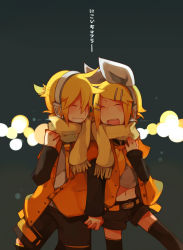 Rule 34 | 1boy, 1girl, blonde hair, bow, brother and sister, glider (artist), guraida, hair bow, headphones, hetero, holding hands, kagamine len, kagamine rin, scarf, shared clothes, shared scarf, shorts, siblings, smile, twins, vocaloid