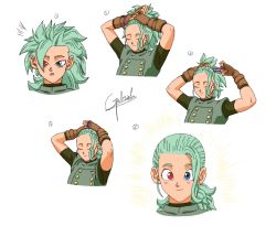 Rule 34 | 1girl, artist request, breasts, dragon ball, dragon ball super, gloves, green hair, heterochromia, highres, long hair, looking at viewer, muezli, no humans, ponytail, sequential, simple background, smile, white background