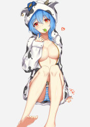 Rule 34 | 1girl, :t, animal hood, animal print, barefoot, blue hair, blue panties, breasts, character request, closed mouth, cow hood, cow print, eating, grass, grey background, hair between eyes, hand up, hat, heart, highres, hood, large breasts, looking at viewer, mini hat, panties, red eyes, sidelocks, simple background, sitting, smile, soles, solo, striped clothes, striped panties, underwear, warship girls r, white panties, zhudacaimiao