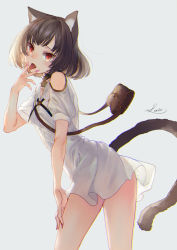 Rule 34 | 1girl, animal ear fluff, animal ears, bag, bare shoulders, brown hair, cat ears, cat girl, cat tail, clothing cutout, collared dress, commentary request, dress, fang, fingernails, grey background, hand on thigh, handbag, head tilt, highres, leaning forward, long fingernails, looking at viewer, nail polish, original, purple nails, red eyes, saraki, shoulder bag, shoulder cutout, signature, simple background, solo, tail, tongue, tongue out, white dress