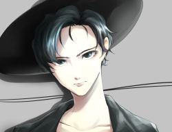 Rule 34 | 1boy, androgynous, bad id, bad pixiv id, black eyes, black hair, black hat, black shirt, closed mouth, collarbone, commentary, english commentary, expressionless, grey background, hat, lips, looking at viewer, male focus, matsunaga777, original, portrait, shirt, solo