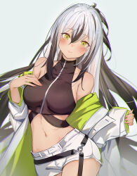 Rule 34 | 1girl, absurdres, black hair, blush, clothes over shoulder, coat, cropped shirt, fate/grand order, fate (series), formal, green coat, green eyes, highres, jacket, looking at viewer, multicolored clothes, multicolored coat, multicolored hair, multicolored jacket, navel, short shorts, shorts, simple background, solo, striped suit, suit, two-tone coat, two-tone hair, two-tone jacket, uesugi kenshin (fate), uesugi kenshin (second ascension) (fate), ura illust, white background, white hair, white jacket, white shorts