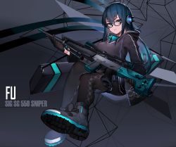 Rule 34 | 1girl, absurdres, aqua eyes, aqua hair, argyle, argyle clothes, argyle legwear, assault rifle, black-framed eyewear, black footwear, black gloves, black hair, black pantyhose, black sweater, closed mouth, commentary, commission, full body, gloves, grey background, gun, hair between eyes, headphones, highres, holding, holding weapon, hood, hood down, hooded sweater, long hair, looking at viewer, multicolored hair, neonbeat, original, pantyhose, rifle, shoes, sidelocks, sig sg550, sneakers, solo, sweater, very long hair, weapon, weapon case