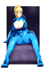 Rule 34 | 1girl, absurdres, arm support, blonde hair, blue eyes, blush, bodysuit, border, breasts, cleavage, cleavage cutout, closed mouth, clothing cutout, covered erect nipples, covered navel, dixi-q, full body, highres, huge breasts, lips, looking at viewer, metroid, nintendo, ponytail, samus aran, shiny clothes, short hair, sitting, skin tight, smile, solo, tsurime, white border, zero suit
