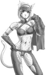 Rule 34 | 00s, 1girl, abs, animal ears, armor, bad id, bad pixiv id, breasts, cameltoe, cat ears, cat girl, cat tail, doku sasori, female focus, final fantasy, final fantasy xi, fishnets, gauntlets, gloves, greyscale, headband, mithra (ff11), monochrome, muscular, short hair, solo, tail, tattoo, white background