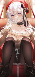 Rule 34 | 1girl, aran sweater, azur lane, bare shoulders, belfast (azur lane), belfast (shopping with the head maid) (azur lane), beret, black bow, black choker, bow, box, breasts, brown pantyhose, brown sweater, cable knit, choker, cleavage, commentary request, gift, gift box, hair bow, hat, highres, knees up, large breasts, long hair, long sleeves, looking at viewer, nail polish, off-shoulder sweater, off shoulder, official alternate costume, pantyhose, purple eyes, red hat, red nails, sitting, smile, solo, sweater, syandega, white hair