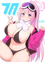 Rule 34 | 1girl, absurdres, bikini, black bikini, blue archive, breasts, chaostep, character name, eimi (blue archive), eimi (swimsuit) (blue archive), goggles, goggles on head, halo, highres, large breasts, long hair, looking at viewer, pink eyes, pink hair, ponytail, solo, swimsuit, thighs