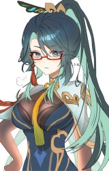 Rule 34 | 1girl, absurdres, blue dress, blue eyes, blue hair, blue lips, breasts, cloud retainer (genshin impact), colored inner hair, commentary request, dress, genshin impact, glasses, green hair, highres, hotaboshi yazuki, large breasts, long hair, multicolored hair, red-framed eyewear, simple background, solo, upper body, very long hair, white background, xianyun (genshin impact), yaduki100