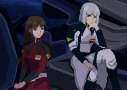 Rule 34 | 1boy, 1girl, blue eyes, brown hair, closed mouth, gundam, gundam seed, gundam seed destiny, hand on own chin, highres, long hair, looking at another, military, military uniform, open mouth, owdreyart, purple eyes, science fiction, shiho hahnenfuss, short hair, sitting, space, uniform, white hair, yzak joule