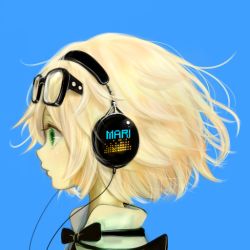 Rule 34 | 1girl, blonde hair, blue background, eyewear on head, green eyes, headphones, koneko mari, original, portrait, profile, short hair, solo, text focus