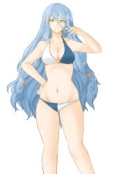Rule 34 | 1girl, azura (fire emblem), bare shoulders, bikini, blue hair, blush, breast padding, breasts, cleavage, closed mouth, collarbone, curvy, facing viewer, fire emblem, fire emblem fates, fire emblem heroes, gluteal fold, hair between eyes, hair ornament, hand on own hip, highres, holding, holding own hair, light blue hair, light blush, long hair, looking at viewer, medium breasts, navel, nintendo, small breasts, solo, swimsuit, thighs, transparent background, tridisart, very long hair, yellow eyes