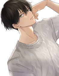 Rule 34 | 1boy, black hair, green eyes, grey sweater, hair between eyes, hand up, highres, kibo b, looking at viewer, male focus, matsuno chifuyu, parted lips, short hair, simple background, solo, sweater, tokyo revengers, upper body, white background