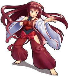 Rule 34 | 1girl, bare shoulders, barefoot, breasts, brown eyes, brown hair, detached sleeves, fang, fighting stance, full body, hakama, hakama pants, japanese clothes, leotard, long hair, m.u.g.e.n, nontraditional miko, open mouth, original, pants, red hakama, sendai hakurei no miko, simple background, solo, touhou, very long hair, wide sleeves, z.o.b