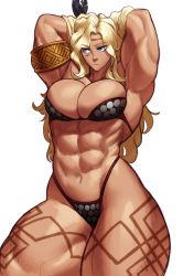 Rule 34 | 1girl, abs, absurdres, amazon (dragon&#039;s crown), armband, armor, armpits, arms behind head, bikini armor, blonde hair, blue eyes, dragon&#039;s crown, feather hair ornament, feathers, flexing, hair ornament, headband, highres, long hair, muscular, muscular female, simple background, solo, sotcho, tattoo, thick thighs, thighs, white background