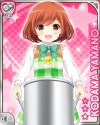 Rule 34 | 1girl, apron, bow, brown eyes, brown hair, card, girlfriend (kari), green bow, green skirt, holding, ladle, lid, looking at viewer, official art, open mouth, pink background, plaid, plaid skirt, pocket, pot, qp:flapper, shirt, skirt, smile, solo, tagme, white shirt, yamano kodama