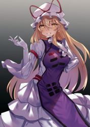 Rule 34 | 1girl, asuzemu, blonde hair, breasts, dress, elbow gloves, finger to own chin, gloves, gradient background, hair between eyes, hand on own chin, hands up, hat, hat ribbon, highres, large breasts, long hair, looking at viewer, mob cap, red ribbon, ribbon, smile, solo, stroking own chin, tabard, touhou, very long hair, white dress, white gloves, white hat, yakumo yukari, yellow eyes