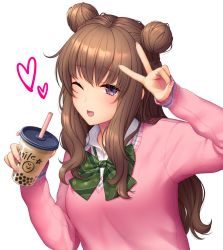 Rule 34 | 1girl, ;d, aimori meguru, arm up, blush, bow, brown hair, bubble tea, collared shirt, commentary request, cup, diagonal stripes, disposable cup, double bun, dress shirt, drinking straw, fingernails, green bow, heart, holding, holding cup, long hair, long sleeves, nail polish, one eye closed, open mouth, original, pink nails, pink sweater, purple eyes, school uniform, shirt, simple background, smile, solo, star (symbol), striped, striped bow, sweater, v, very long hair, white background, white shirt