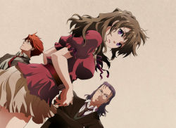 Rule 34 | 1girl, 2boys, breasts, brown hair, commentary request, crossed arms, dutch angle, formal, frown, glasses, kawai masaki, large breasts, looking back, miniskirt, multiple boys, necktie, orange hair, original, puffy short sleeves, puffy sleeves, purple eyes, red shirt, serious, shirt, short sleeves, skirt, suit