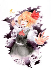 Rule 34 | 1girl, ascot, black skirt, black vest, blonde hair, collared shirt, cowboy shot, crescent moon, johnalay, long sleeves, looking at viewer, moon, open mouth, painting (medium), red ascot, red eyes, rumia, shirt, short hair, signature, skirt, skirt set, skull, solo, t-pose, teeth, touhou, traditional media, upper teeth only, vest, watercolor (medium), white shirt