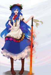 Rule 34 | 1girl, bad id, bad pixiv id, blue hair, boots, bow, female focus, food, fruit, hand on hilt, hand on own hip, hat, hinanawi tenshi, long hair, open mouth, peach, pigeon-toed, red eyes, ribbon, shibasaki shouji, solo, sword, sword of hisou, touhou, weapon