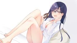 Rule 34 | 1girl, breasts, cleavage, closed eyes, feet, glasses, laughing, legs, medium breasts, medium hair, na-ga, open clothes, original, shirt, solo, thighs, white shirt