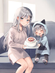 Rule 34 | 2girls, :d, ^ ^, animal ears, animal hood, black thighhighs, blue eyes, cake, cat ears, cat hair ornament, cat hood, child, closed eyes, closed mouth, commentary request, couch, fake animal ears, food, fruit, grey hair, grey hoodie, hair ornament, hairclip, happy birthday, holding, hood, hood up, hoodie, long hair, long hoodie, midorikawa you, multiple girls, no shoes, on couch, open mouth, original, sitting, smile, soles, strawberry, thighhighs, very long hair, window