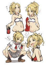 Rule 34 | 1girl, :d, aqua eyes, bikini, black socks, blonde hair, braid, breasts, cleavage, cola, fang, fate/apocrypha, fate/grand order, fate (series), flying sweatdrops, groin, jewelry, kneehighs, loafers, long hair, looking at viewer, mordred (fate), mordred (fate) (all), mordred (fate/apocrypha), mordred (swimsuit rider) (fate), mordred (swimsuit rider) (first ascension) (fate), nakatokung, navel, necklace, open mouth, ponytail, red bikini, school uniform, serafuku, shoes, simple background, smile, socks, solo, squatting, swimsuit, teeth, white background