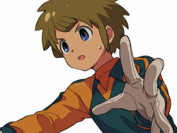 Rule 34 | 1boy, :d, asada hachi, blue eyes, brown hair, commentary request, from side, gloves, green shirt, inazuma eleven, inazuma eleven (series), long sleeves, looking to the side, male focus, open mouth, orange shirt, shirt, short hair, simple background, smile, soccer uniform, solo, sportswear, sweatdrop, tachimukai yuuki, twitter username, two-tone shirt, watermark, white background, white gloves