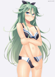 Rule 34 | 10s, 1girl, adapted costume, bad id, bad pixiv id, bare arms, bare shoulders, bikini, black ribbon, blue eyes, blush, breasts, collarbone, cowboy shot, green hair, grey background, hair between eyes, hair ornament, hair ribbon, hairclip, kankitsunabe (citrus), kantai collection, long hair, looking at viewer, looking to the side, navel, ponytail, ribbon, shiny skin, simple background, small breasts, solo, swimsuit, twitter username, very long hair, yamakaze (kancolle)