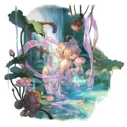 Rule 34 | 1girl, alpha transparency, andira (granblue fantasy), animal ears, bare shoulders, blonde hair, blush, breasts, cleavage, collarbone, detached sleeves, double bun, erune, fish, flower, granblue fantasy, hair bun, hair flower, hair ornament, lily pad, minaba hideo, monkey, monkey ears, monkey tail, official art, one-piece swimsuit, open mouth, short hair, small breasts, smile, standing, swimsuit, tail, thighlet, transparent background, two side up, wading, water, waterfall, wet