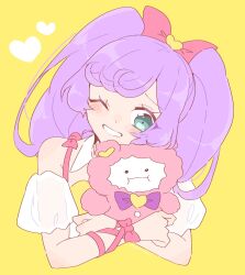 Rule 34 | . ., 1girl, ;d, animal, animal hug, bare shoulders, blush, bow, commentary, cropped torso, green eyes, hair bow, heart, highres, kuma (pripara), long hair, manaka laala, nojima minami, one eye closed, open mouth, pink bow, pretty series, pripara, purple hair, simple background, smile, solo, stuffed animal, stuffed toy, symbol-only commentary, teddy bear, twintails, upper body, yellow background