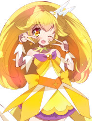 Rule 34 | 1girl, ;d, bare shoulders, blonde hair, blush, choker, color connection, cosplay, cure peace, cure twinkle, cure twinkle (cosplay), double v, earrings, go! princess precure, hair flaps, haru (nature life), jewelry, kise yayoi, long hair, looking at viewer, magical girl, one eye closed, open mouth, ponytail, precure, simple background, skirt, smile, smile precure!, solo, star (symbol), star earrings, tiara, v, white background, wrist cuffs, yellow skirt, yellow theme