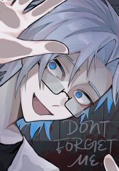 Rule 34 | 1boy, ark.a, black shirt, blood, blue eyes, chinese commentary, commentary request, english text, fourth wall, glasses, grey hair, highres, kanou aogu, lab coat, looking at viewer, male focus, open mouth, rectangular eyewear, red pupils, saibou shinkyoku, shirt, short hair, smile, solo