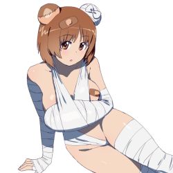 Rule 34 | 1girl, animal ears, arm sling, arm support, bandaged arm, bandaged leg, bandages, bandaid, bandaids on nipples, bear ears, boko (girls und panzer), boko (girls und panzer) (cosplay), breasts, brown eyes, brown hair, cast, commentary, cosplay, fake animal ears, girls und panzer, groin, highres, looking at viewer, lying, medium breasts, nishizumi miho, on side, onsen tamago (hs egg), open mouth, pasties, short hair, simple background, solo, white background