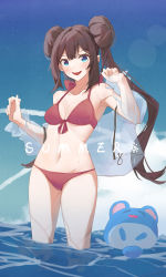 Rule 34 | 1girl, absurdres, alternate costume, armpits, bikini, blue eyes, breasts, brown hair, cleavage, commentary, creatures (company), day, double bun, eyelashes, game freak, gen 2 pokemon, hair bun, highres, lens flare, long hair, looking at viewer, marill, navel, nintendo, open mouth, outdoors, pokemon, pokemon (creature), pokemon bw2, rosa (pokemon), sidelocks, sky, smile, standing, summer (724788381), swimsuit, teeth, tongue, twintails, upper teeth only, wading