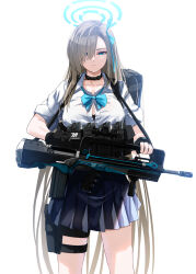 Rule 34 | 1girl, assault rifle, asuna (blue archive), blonde hair, blue archive, blue eyes, blue necktie, blue skirt, breasts, bullpup, famas, gun, highres, holding, holding weapon, large breasts, looking at viewer, necktie, rifle, school uniform, serious, shirt, short sleeves, skirt, solo, suzuki-shi, weapon, white background, white shirt