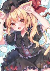 Rule 34 | 1girl, alternate color, animal ears, aqua background, arms up, black headwear, black shirt, black skirt, blonde hair, blush, cat, cat day, cat ears, clenched hands, commentary, cowboy shot, crystal, eyes visible through hair, fang, flandre scarlet, frilled shirt, frilled skirt, frilled sleeves, frills, gothic lolita, hair between eyes, happy, hat, hat ribbon, highres, kemonomimi mode, light particles, lolita fashion, long hair, looking at viewer, mob cap, one side up, open mouth, orange eyes, paw pose, puffy short sleeves, puffy sleeves, red ribbon, ribbon, shirotsuki shirone, shirt, short sleeves, simple background, skin fang, skirt, solo, touhou, white cat, wings
