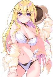 Rule 34 | 1girl, absurdres, bikini, blonde hair, breasts, cleavage, cu-no, hair ornament, hairclip, hat, highres, hisen kaede, holding, long hair, looking at viewer, medium breasts, nail polish, navel, purple eyes, scan, simple background, smile, solo, stomach, swimsuit, thighs, white background