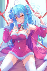 Rule 34 | 1girl, :o, ahoge, blue hair, breasts, christmas, cleavage, cocoablue23, commentary request, detached collar, hair ornament, hair ribbon, hands up, highres, hololive, large breasts, long hair, looking at viewer, pointy ears, red ribbon, ribbon, santa costume, sitting, solo, thighhighs, thighs, twintails, virtual youtuber, white thighhighs, yellow eyes, yukihana lamy, zettai ryouiki