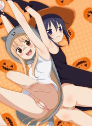 Rule 34 | 2girls, :d, animal costume, animal hands, animal hood, anus, armpits, arms up, ass, back-to-back, barefoot, black gloves, blonde hair, blue eyes, blue hair, blush, bottomless, brown eyes, cleft of venus, cloak, denkaisui, doma umaru, embarrassed, fangs, feet, female focus, gloves, halloween, hat, highres, himouto! umaru-chan, holding another&#039;s wrist, hood, hooded cloak, jack-o&#039;-lantern, long hair, looking at viewer, motoba kirie, multiple girls, no panties, open mouth, paw gloves, polka dot, polka dot background, pumpkin, pussy, shirt, sleeveless, sleeveless shirt, smile, soles, toes, uncensored, wavy mouth, witch hat
