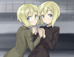 Rule 34 | 2girls, blonde hair, blue eyes, closed mouth, erica hartmann, fankupl, glasses, holding hands, looking at viewer, military, military uniform, multiple girls, short hair, siblings, sisters, smile, strike witches, uniform, upper body, ursula hartmann, world witches series