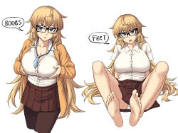 Rule 34 | 1girl, barefoot, bespectacled, between breasts, black-framed eyewear, black pantyhose, blonde hair, blue eyes, breasts, brown skirt, cleavage, collar, collarbone, commentary, cropped legs, english commentary, english text, furi2play!, glasses, highres, jacket, large breasts, long hair, looking at viewer, margit hartmann, multiple views, open mouth, orange jacket, panties, panty peek, pantyhose, peach88, shirt, simple background, sitting, skirt, soles, speech bubble, toes, underwear, very long hair, white background, white panties, white shirt
