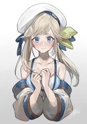 Rule 34 | 1girl, beret, blonde hair, blue eyes, blush, cropped torso, cucouroux (granblue fantasy), dated, gradient background, granblue fantasy, hat, highres, nao (syn eaa), off shoulder, signature, solo, twintails