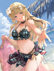 Rule 34 | 1girl, absurdres, anne (shingeki no bahamut), bare shoulders, bikini, breasts, cleavage, collarbone, granblue fantasy, grey bikini, highres, large breasts, long hair, looking at viewer, navel, nos, open mouth, plaid, plaid bikini, smile, solo, swimsuit, thighs