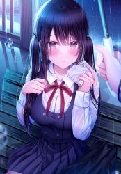Rule 34 | 1girl, absurdres, bench, black hair, blouse, blue dress, blurry, blurry foreground, blush, closed mouth, collared shirt, dress, dress shirt, hair ornament, hairclip, hand up, handkerchief, highres, holding, holding handkerchief, holding umbrella, kuro namako, long hair, long sleeves, looking at viewer, looking up, neck ribbon, original, outstretched arm, pleated dress, purple eyes, rain, red ribbon, ribbon, school uniform, see-through, shirt, side ponytail, sitting, twintails, umbrella, water drop, wet, wet clothes, white shirt